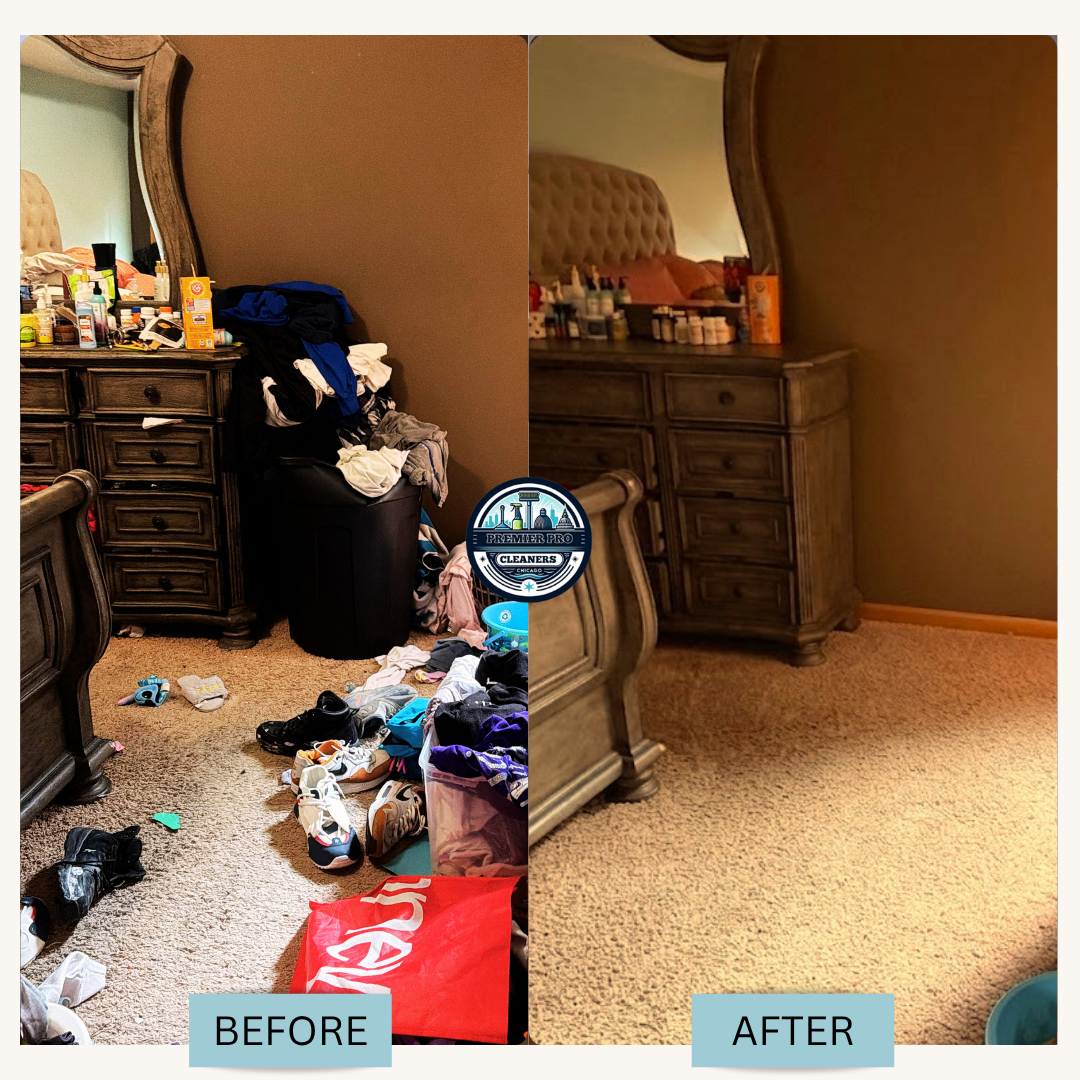 Before and after bedroom organizing and cleaning