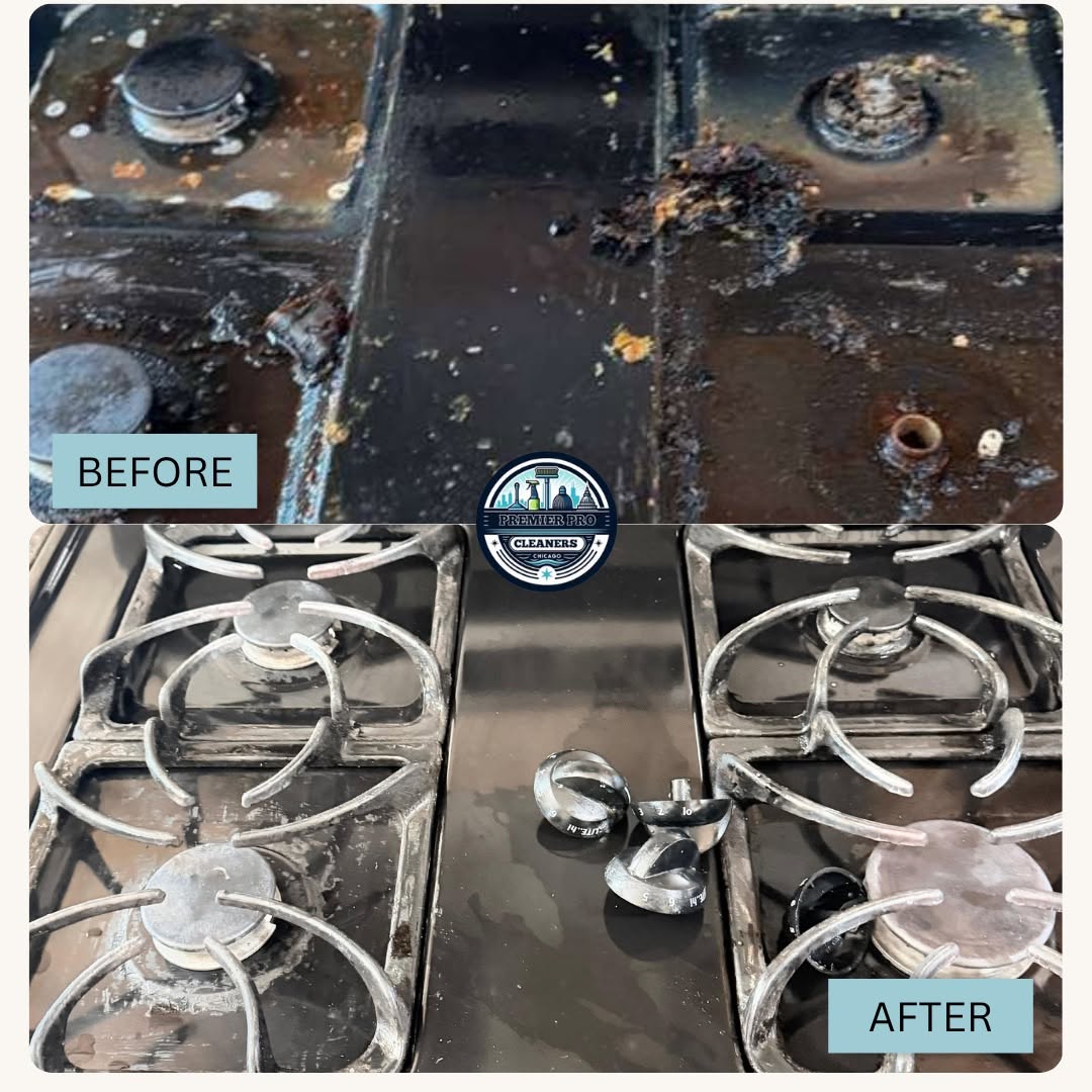 Before and after gas stovetop deep cleaning in South Florida